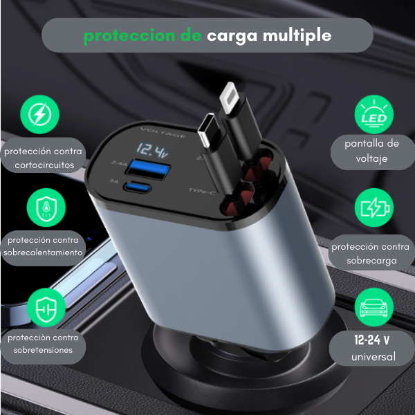 Cargador Retractil– 4 en 1 para Auto